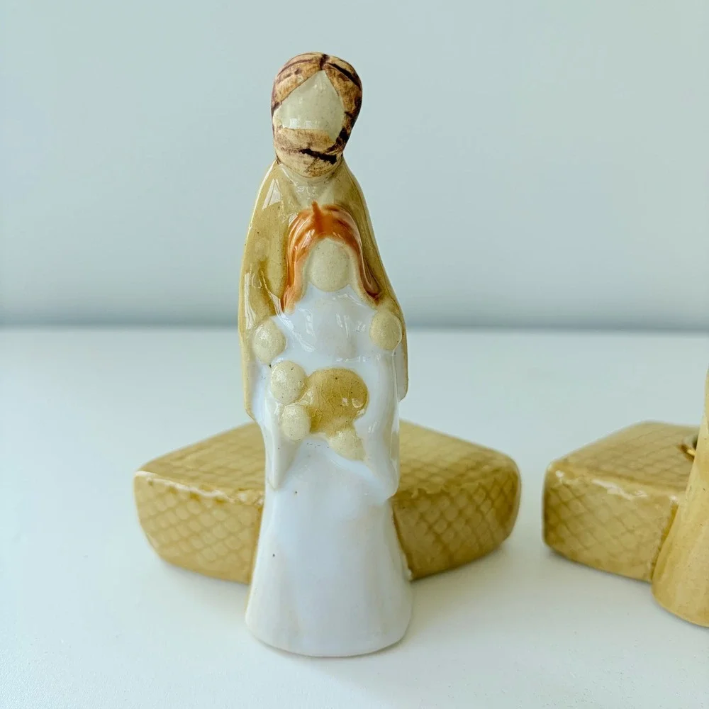 Vintage Ceramic Nativity Candle Holder Set 3pc Holy Family Wise Men Angel Decor